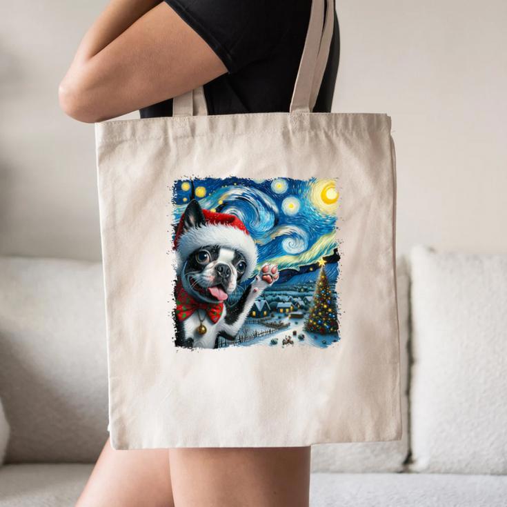 Boston Terrier Santa Starry Night Van Gogh Christmas Dog Men Women Kids Canvas Tote Bag, novelty gifts, funny gifts