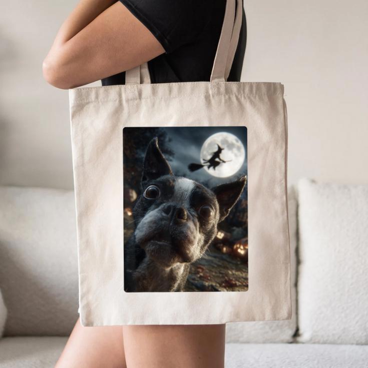 Boston Terrier Selfie Full Moon Flying Witch Halloween Dog Canvas Tote Bag, novelty gifts, funny gifts