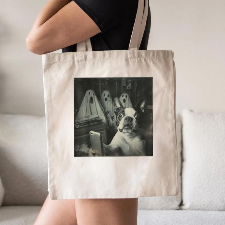Boston Terrier Selfie With Ghosts Halloween Dog Lover Canvas Tote Bag, novelty gifts, funny gifts