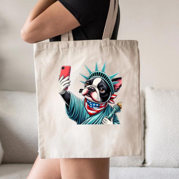 Boston Terrier Selfie Statue Of Liberty 4th Of July American Canvas Tote Bag, novelty gifts, funny gifts