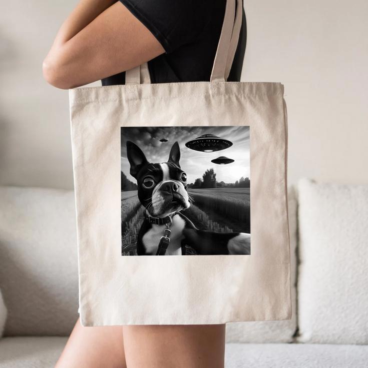 Boston Terrier Graphic Selfie With UFOs Weird Aliens Canvas Tote Bag, novelty gifts, funny gifts