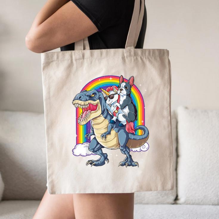 Boston Terrier Unicorn Riding Dinosaur T-Rex Girls Rainbow Canvas Tote Bag, novelty gifts, funny gifts