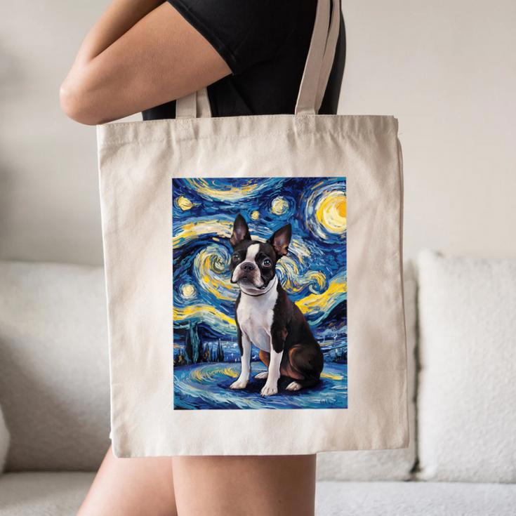 Boston Terrier Van Gogh Starry Night Canvas Tote Bag, novelty gifts, funny gifts