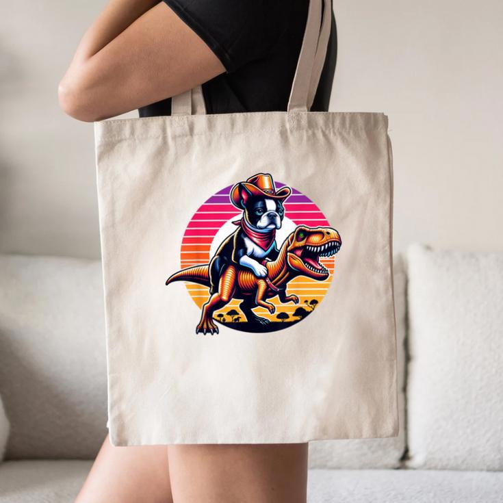 Boston Terrier Wearing A Cowboy Hat On T-Rex Canvas Tote Bag, novelty gifts, funny gifts