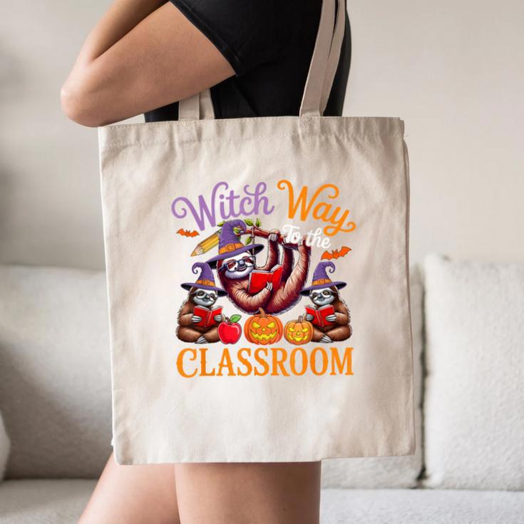 Way To Classroom Halloween Witch Three Cute Sloths Teacher Canvas Tote Bag, novelty gifts, funny gifts