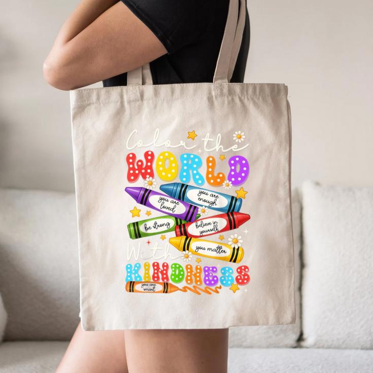 Color The World With Kindness Crayon Positivity Teacher Canvas Tote Bag, novelty gifts, funny gifts