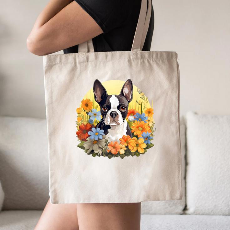 Cute Boston Terrier Spring Flower Garden Colorful Puppy Dog Canvas Tote Bag, novelty gifts, funny gifts
