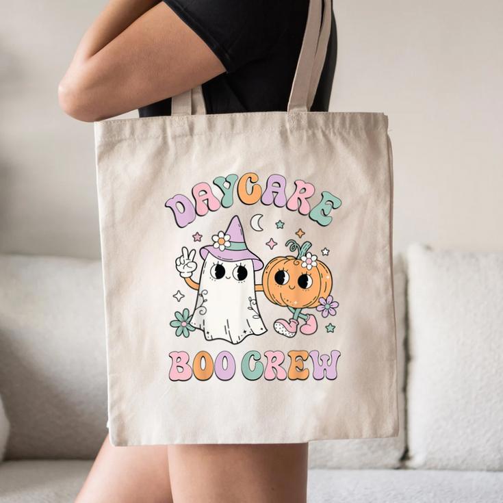Daycare Boo Crew Groovy Halloween Floral Ghost Kid Teacher Canvas Tote Bag, novelty gifts, funny gifts