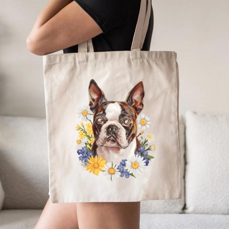 Floral Boston Terrier Canvas Tote Bag, novelty gifts, funny gifts