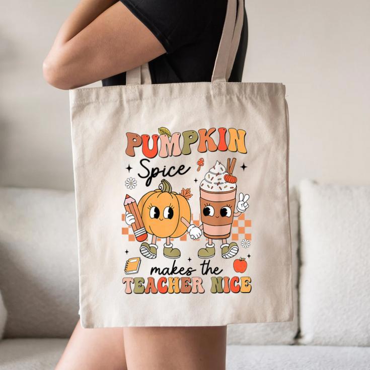 Groovy Pumpkin Spice Makes Teacher Nice Fall Thanksgiving Canvas Tote Bag, novelty gifts, funny gifts