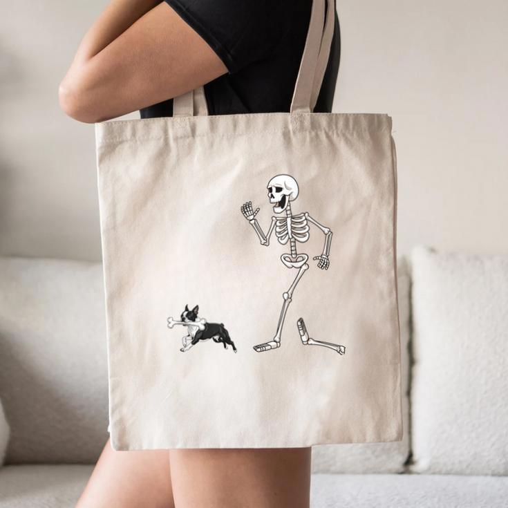 Halloween Boston Terrier And Skeleton Canvas Tote Bag, novelty gifts, funny gifts