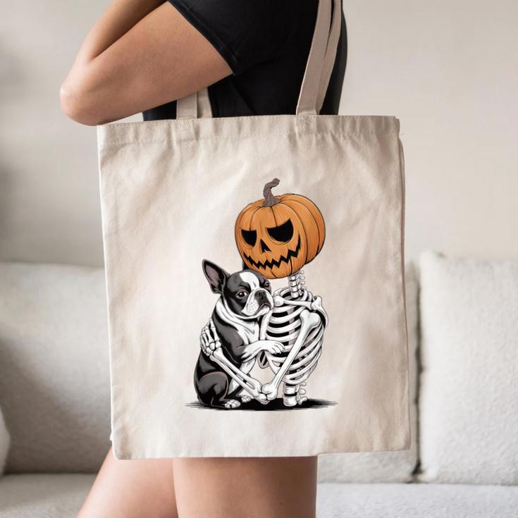Halloween Skeleton Boston Terrier Canvas Tote Bag, novelty gifts, funny gifts