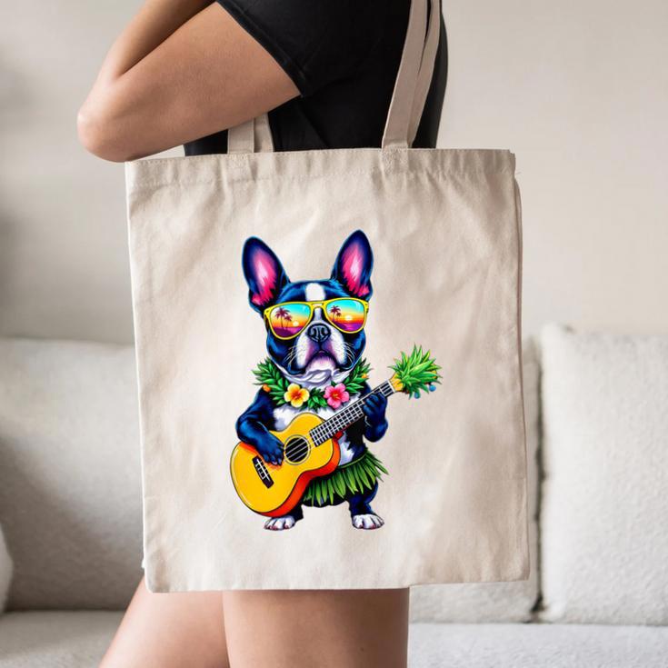 Hawaiian Boston Terrier & Pineapple Ukulele Summer Vacation Canvas Tote Bag, novelty gifts, funny gifts