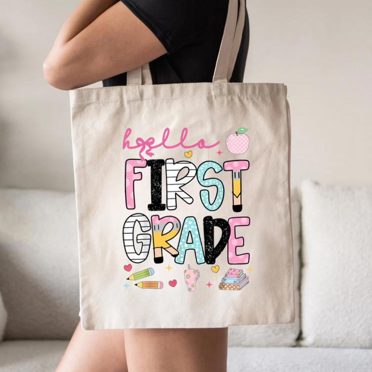 Hello First Grade Teacher Coquette Pencil Bow Back To School Canvas Tote Bag, novelty gifts, funny gifts Hello First Grade Teacher Coquette Pencil Bow Back To School Canvas Tote Bag, novelty gifts, funny gifts