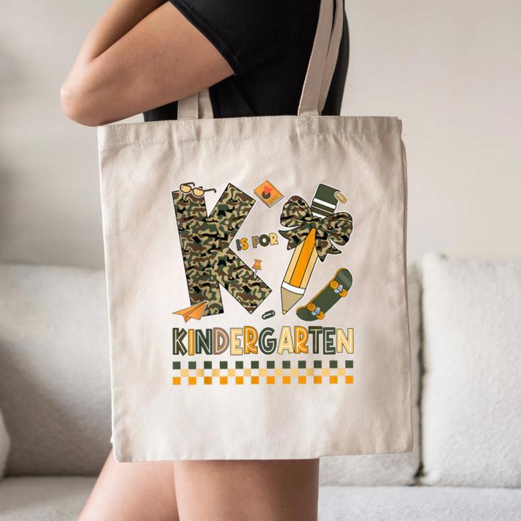 K Is For Kindergarten Teacher Coquette Bow Camo Canvas Tote Bag, novelty gifts, funny gifts K Is For Kindergarten Teacher Coquette Bow Camo Canvas Tote Bag, novelty gifts, funny gifts
