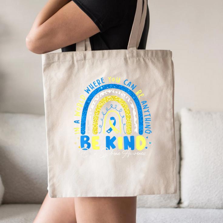 Be Kind Rainbow Down Syndrome Awareness Teacher Blue Yellow Canvas Tote Bag, novelty gifts, funny gifts