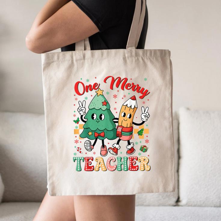 One Merry Teacher Groovy Christmas Tree Pjs Xmas Teacher Canvas Tote Bag, novelty gifts, funny gifts