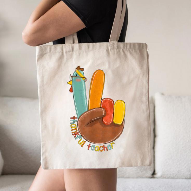 One Thankful Teacher Thanksgiving Turkey Peace Hand Sign Canvas Tote Bag, novelty gifts, funny gifts One Thankful Teacher Thanksgiving Turkey Peace Hand Sign Canvas Tote Bag, novelty gifts, funny gifts