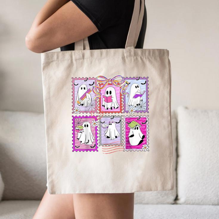 Preppy Spooky Teacher Halloween Ghost Coquette Bow Autumn Canvas Tote Bag, novelty gifts, funny gifts