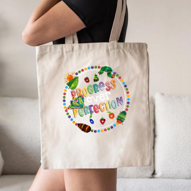 Progress Over Perfection Caterpillar Back To School Teacher Canvas Tote Bag, novelty gifts, funny gifts Progress Over Perfection Caterpillar Back To School Teacher Canvas Tote Bag, novelty gifts, funny gifts