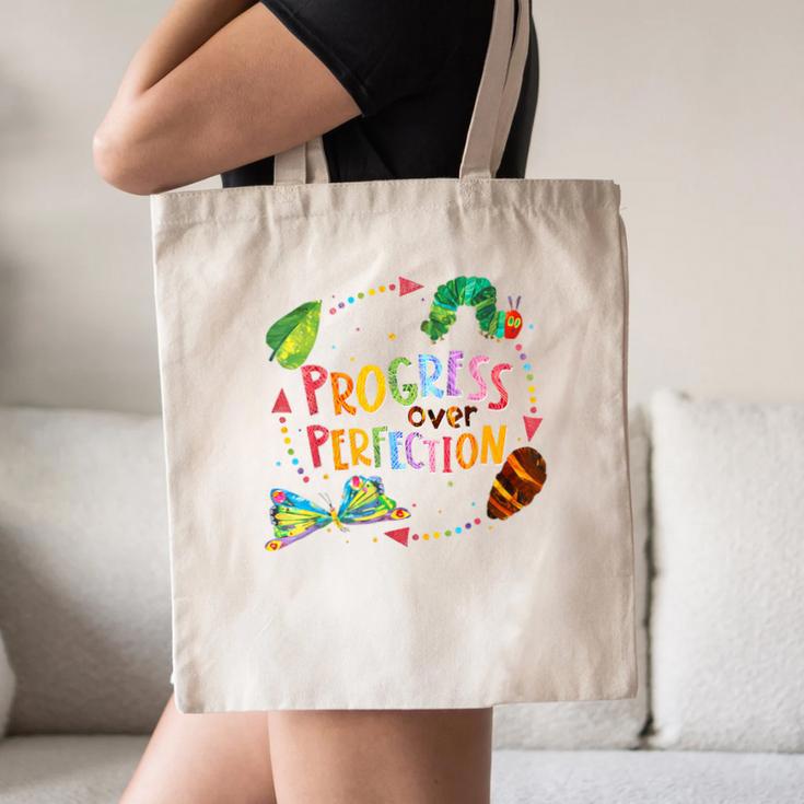 Progress Over Perfection Caterpillar Teacher Back To School Canvas Tote Bag, novelty gifts, funny gifts Progress Over Perfection Caterpillar Teacher Back To School Canvas Tote Bag, novelty gifts, funny gifts
