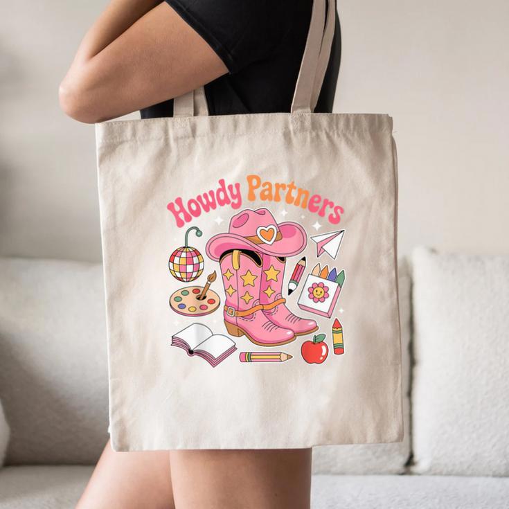 Retro Howdy Partners Cowgirl Cowboy Teacher Back To School Canvas Tote Bag, novelty gifts, funny gifts