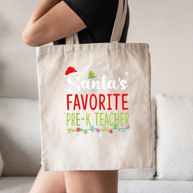 Santa's Favorite Pre-K Teacher Christmas Santa Hat Lights For Men Women Kids Canvas Tote Bag, novelty gifts, funny gifts