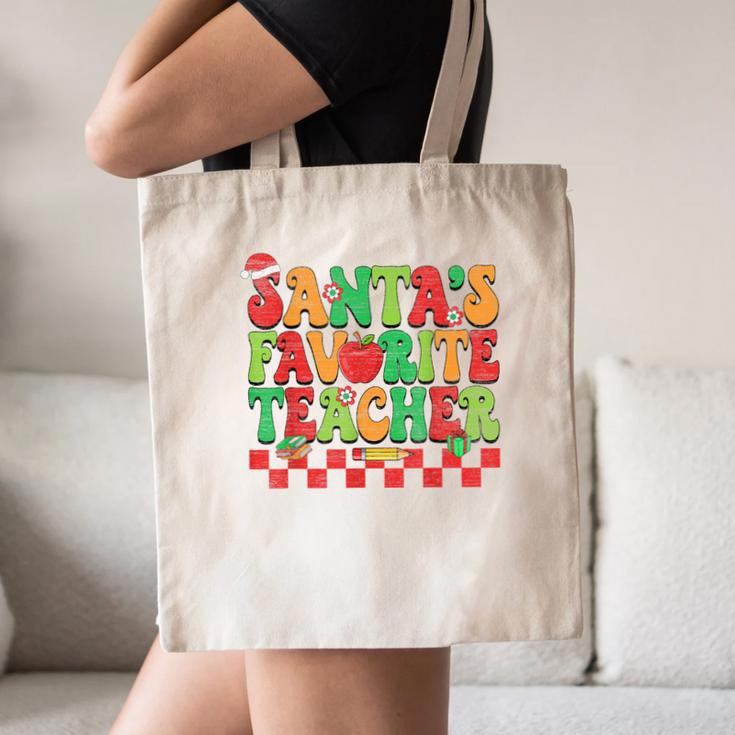 Santas Favorite Teacher Retro Groovy Christmas Xmas Women Canvas Tote Bag, novelty gifts, funny gifts