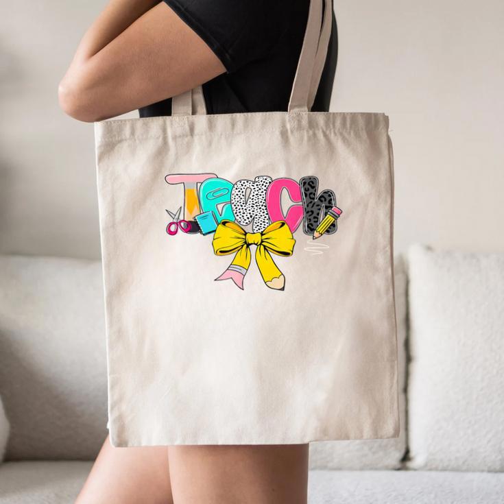 Teach Coquette Bow Teacher Back To School Happy First Day Canvas Tote Bag, novelty gifts, funny gifts Teach Coquette Bow Teacher Back To School Happy First Day Canvas Tote Bag, novelty gifts, funny gifts