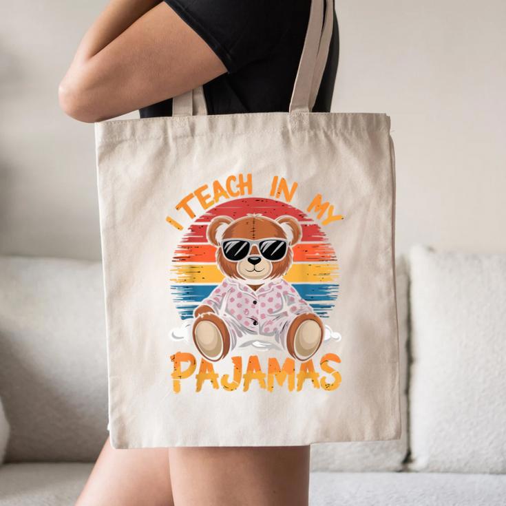 I Teach In My Pajamas Teacher Sunset Bear Retro Canvas Tote Bag, novelty gifts, funny gifts I Teach In My Pajamas Teacher Sunset Bear Retro Canvas Tote Bag, novelty gifts, funny gifts