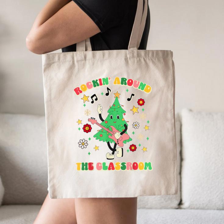 Teacher Christmas Shirts Pajama Matching Rockin' Around The Classroom -Adult Short Sleeve Small Modern Festive Christmas Teacher Xmas Vibes T-Shirt Canvas Tote Bag, novelty gifts, funny gifts