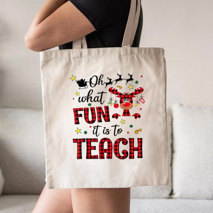 Teachers Oh What Fun It Is To Teach Cute Red Plaid Reindeer Canvas Tote Bag, novelty gifts, funny gifts
