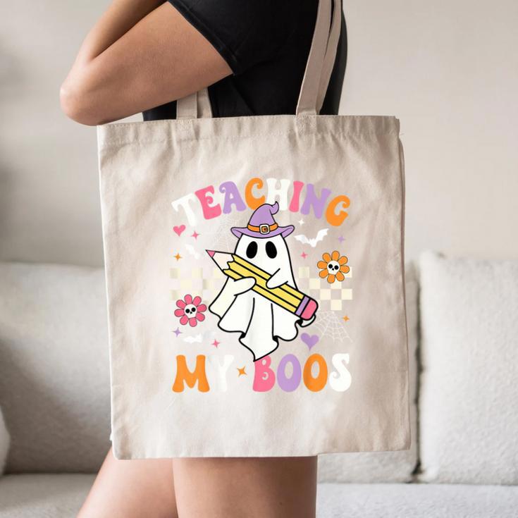 Teaching My Boos Ghost Teacher Cute Groovy Halloween Teacher Canvas Tote Bag, novelty gifts, funny gifts