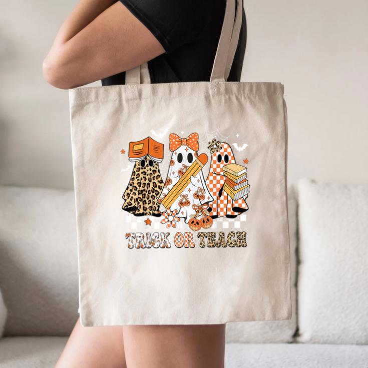 Trick Or Teach Groovy Teacher Halloween Floral Ghost Canvas Tote Bag, novelty gifts, funny gifts