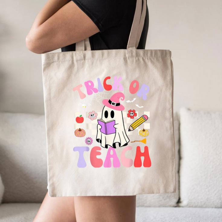 Trick Or Teach Halloween Teacher Floral Ghost Groovy Canvas Tote Bag, novelty gifts, funny gifts