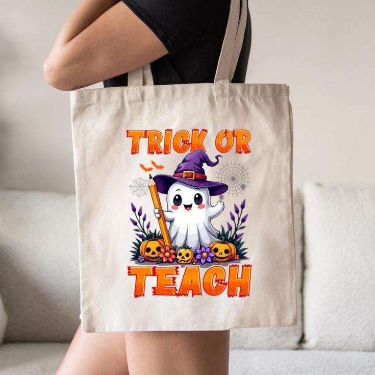 Trick Or Teach Teacher Halloween Ghost Pencil Floral Canvas Tote Bag, novelty gifts, funny gifts