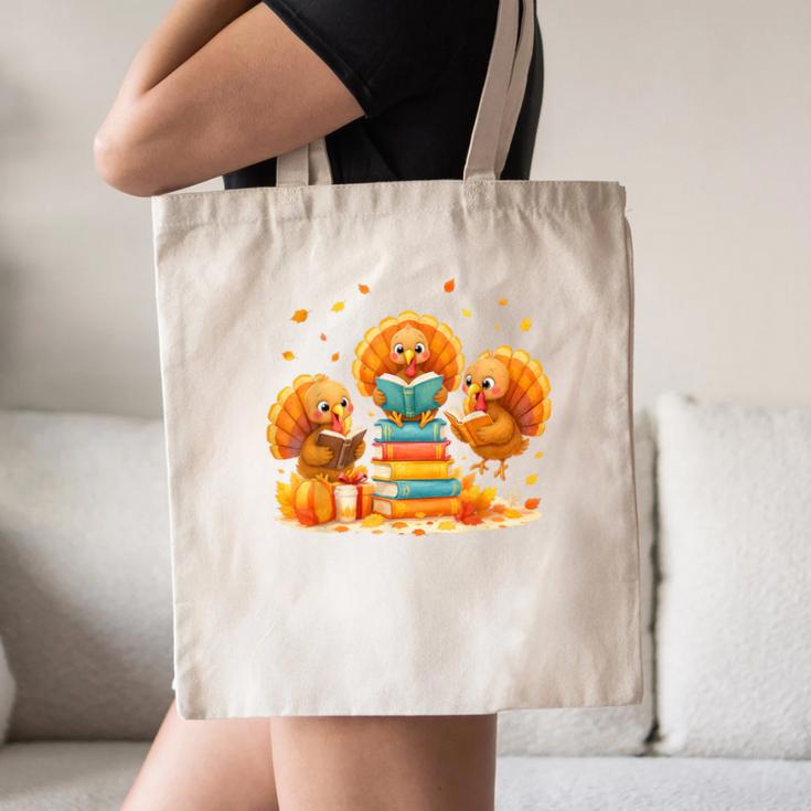 Turkey Read Books Reading Fall Thanksgiving Teacher Canvas Tote Bag, novelty gifts, funny gifts