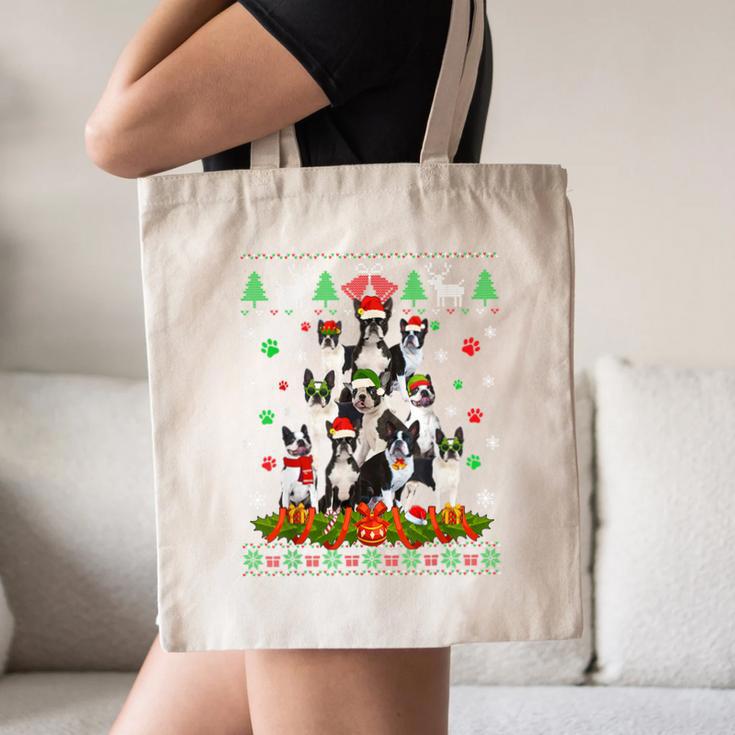 Ugly Sweater Christmas Tree Boston Terrier Dog Xmas Pajama Canvas Tote Bag, novelty gifts, funny gifts