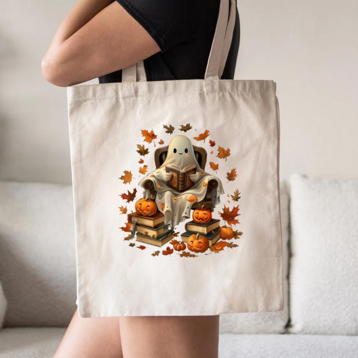 Vintage Ghost Book Reading Pumpkin Gothic Halloween Teachers Men Women Kids Canvas Tote Bag, novelty gifts, funny gifts