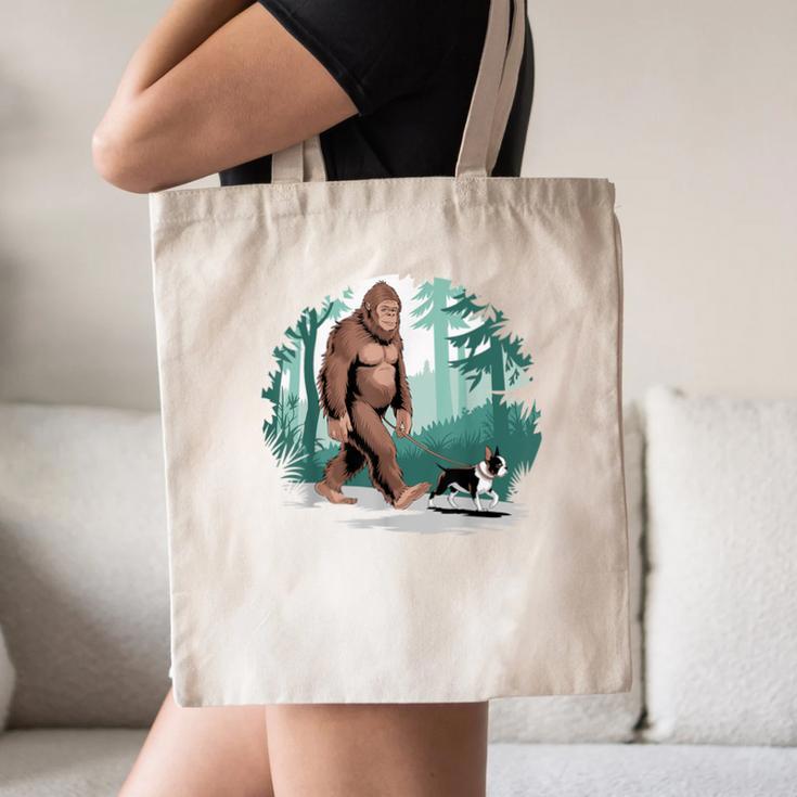 Whimsical Forest Adventures Sasquatch Bigfoot Walking Boston Terrier Dog Lovers Canvas Tote Bag, novelty gifts, funny gifts
