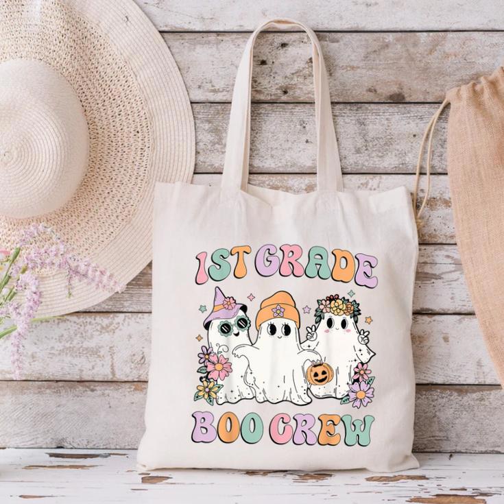 1st Grade Boo Crew Groovy Halloween Floral Ghost Kid Teacher Canvas Tote Bag, Groovy Teacher Tote Bags, gift for family, gift for coworker