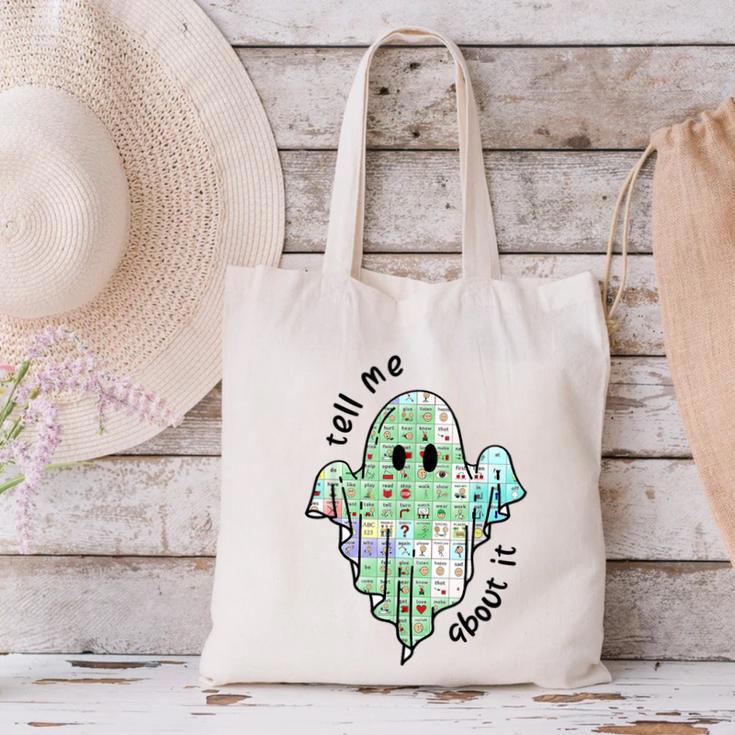 AAC Ghost Tell Me About It Speech Pathology AAC Sped Teacher Canvas Tote Bag, gift for family, gift for coworker AAC Ghost Tell Me About It Speech Pathology AAC Sped Teacher Canvas Tote Bag, gift for family, gift for coworker