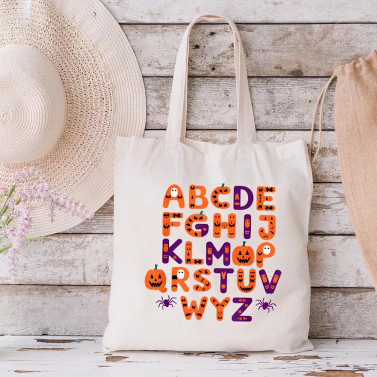 ABCs Learning Kindergarten Teacher Halloween Alphabet Canvas Tote Bag, gift for family, gift for coworker ABCs Learning Kindergarten Teacher Halloween Alphabet Canvas Tote Bag, gift for family, gift for coworker
