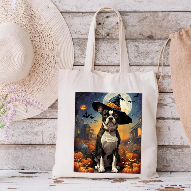 Aesthetic Halloween Boston Terrier Dog Witch Pumpkin For Men Women Kids Canvas Tote Bag, Boston Terrier Halloween Tote Bags, gift for family, gift for coworker