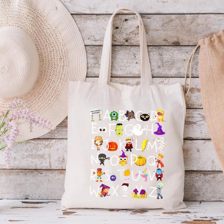 Alphabet ABCs Halloween Characters Kindergarten Teacher Kids Canvas Tote Bag, gift for family, gift for coworker Alphabet ABCs Halloween Characters Kindergarten Teacher Kids Canvas Tote Bag, gift for family, gift for coworker