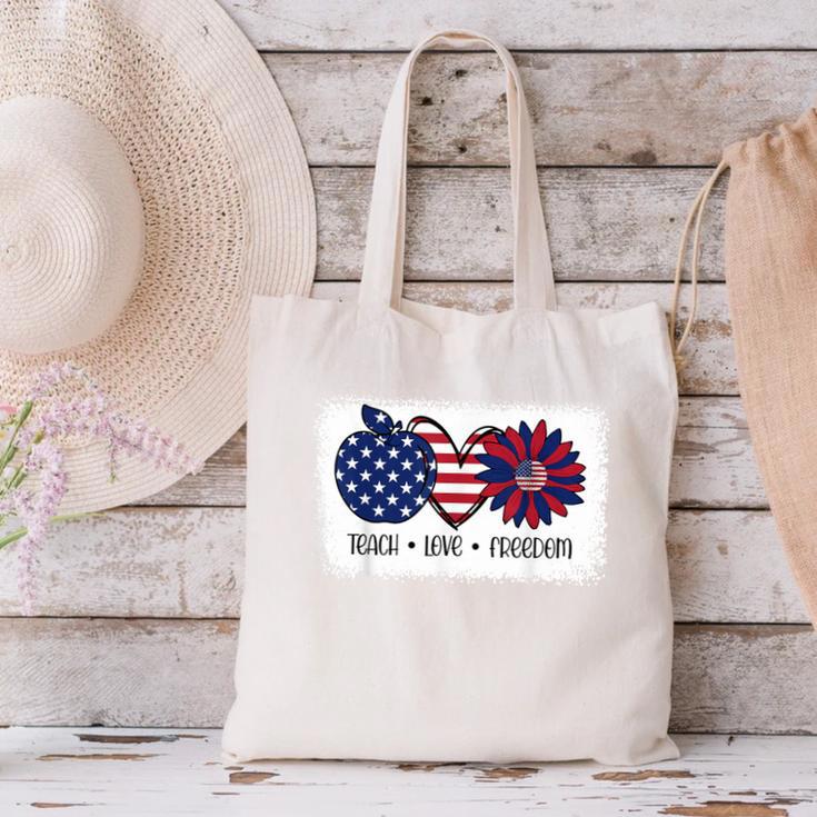 American Flag Teach Love Freedom Preschool Teacher 4th July Canvas Tote Bag, gift for family, gift for coworker