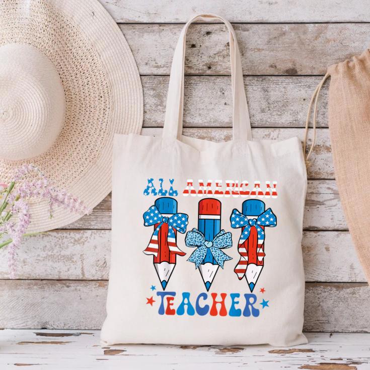 All American Teacher Pencil Coquette Bow USA Flag Teachers Canvas Tote Bag, gift for family, gift for coworker All American Teacher Pencil Coquette Bow USA Flag Teachers Canvas Tote Bag, gift for family, gift for coworker