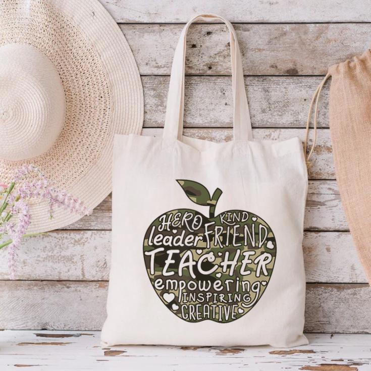 Apple Camoflauge Clothing Camo Student Teacher Cute School Canvas Tote Bag, gift for family, gift for coworker