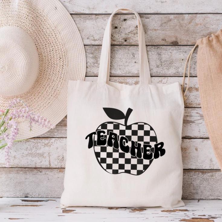 Back To School Checkered Apple Teacher Checkerboard Teacher For Men Women Girls Kids Canvas Tote Bag, gift for family, gift for coworker