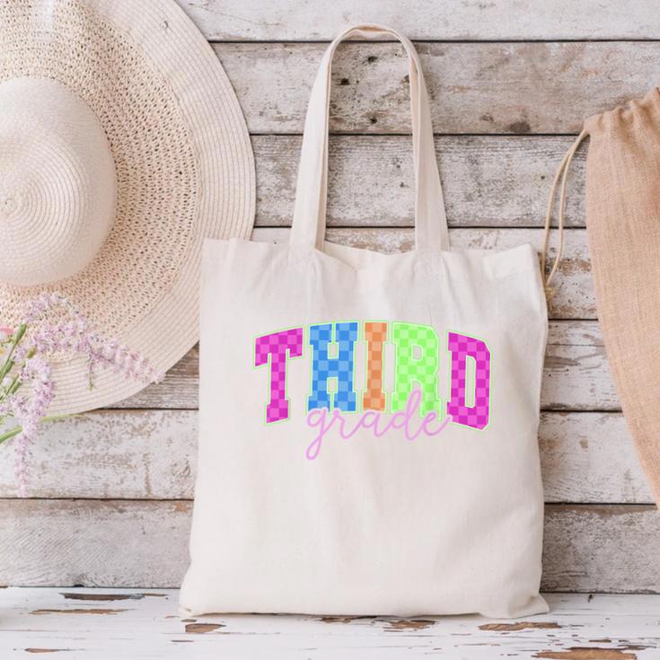 Back To School Neon Checkered Third Grade Colorful Teacher Canvas Tote Bag, gift for family, gift for coworker Back To School Neon Checkered Third Grade Colorful Teacher Canvas Tote Bag, gift for family, gift for coworker